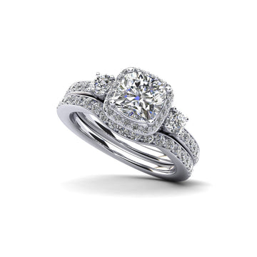 Cushion Cut Halo Diamond Bridal Set Ring with Side Stones