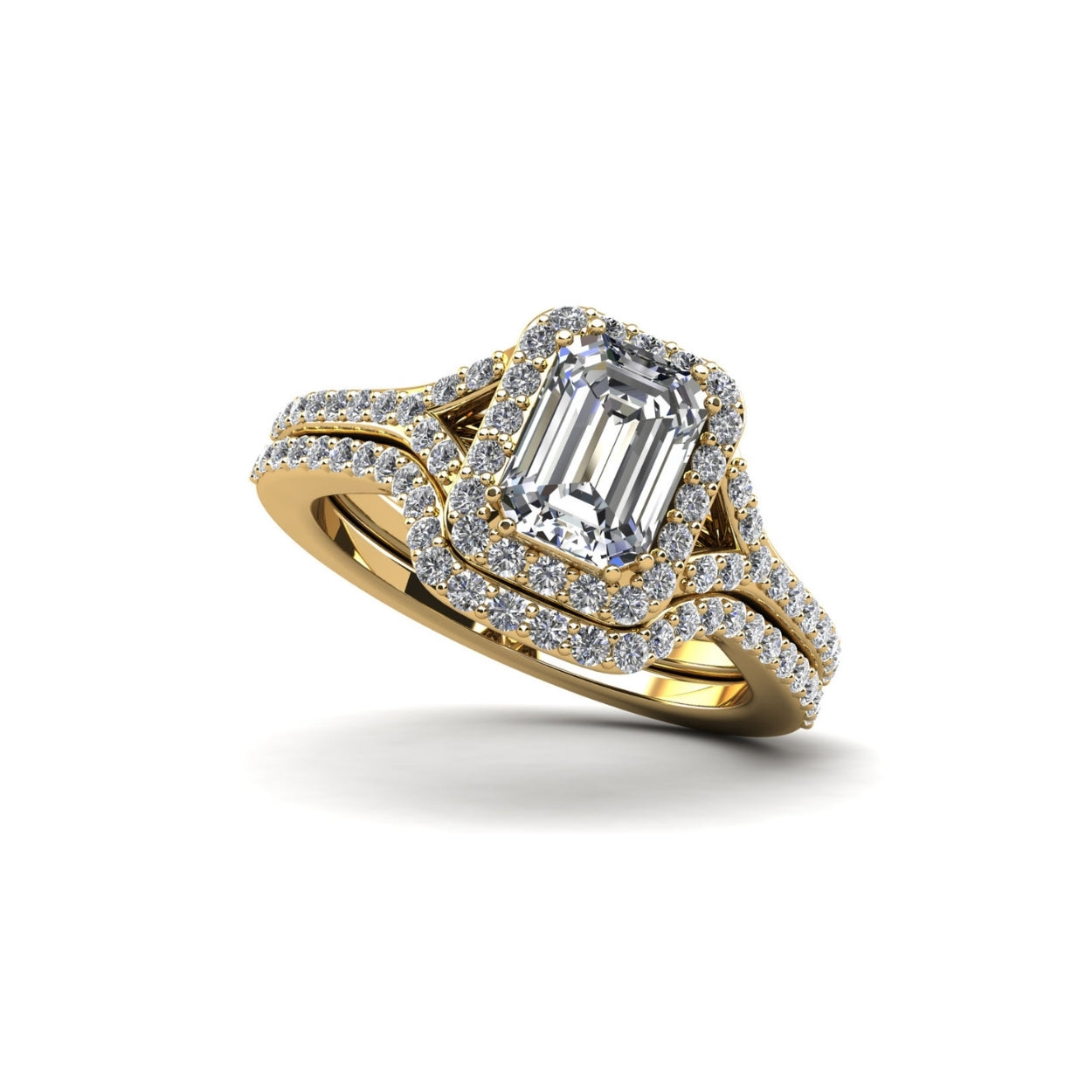 Emerald Cut Halo Diamond Bridal Set Ring with Split Shank