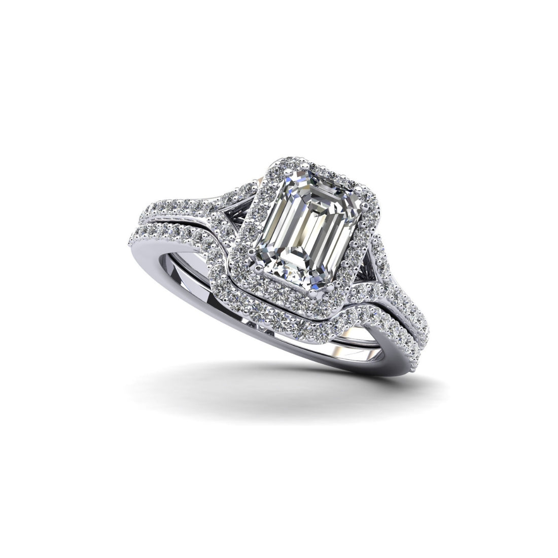 Emerald Cut Halo Diamond Bridal Set Ring with Split Shank